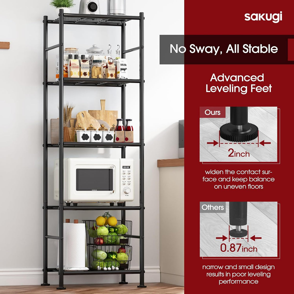 Storage Shelves - 5 Tier Shelf Organizer, Heavy Duty Garage Shelving Unit with Leveling Feet, Stable Metal Shelves Organizer for Pantry, Kitchen and Closet, 33.0" W x 12.6" D x 72.0" H, Black