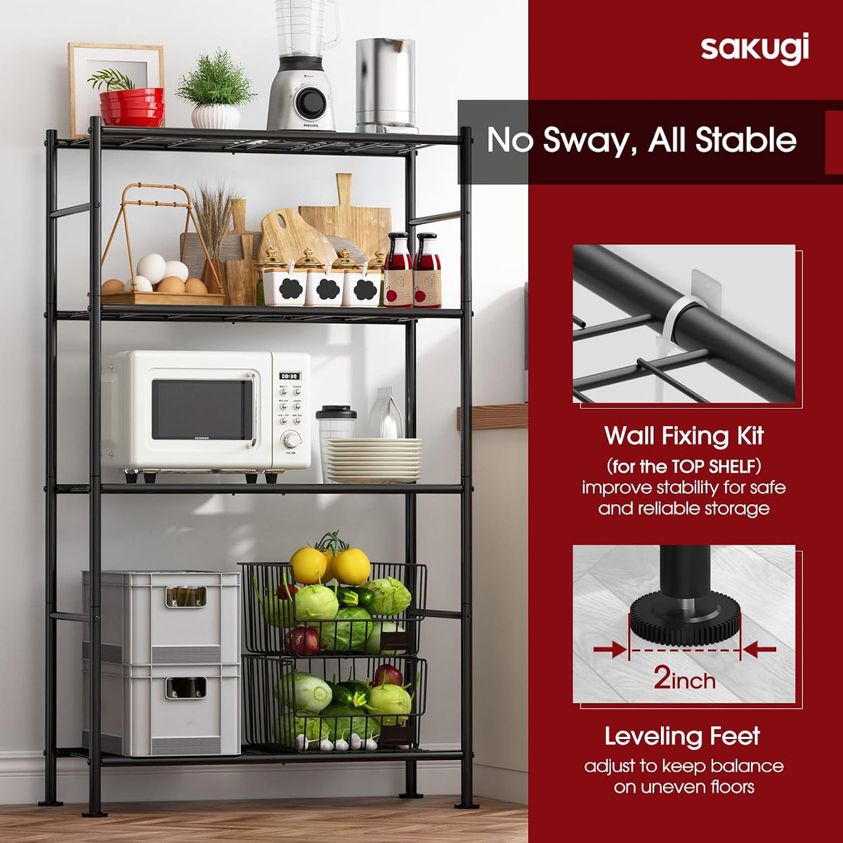 Storage Shelves - 5 Tier Shelf Organizer, Heavy Duty Garage Shelving Unit with Leveling Feet, Stable Metal Shelves Organizer for Pantry, Kitchen and Closet, 33.0" W x 12.6" D x 72.0" H, Black