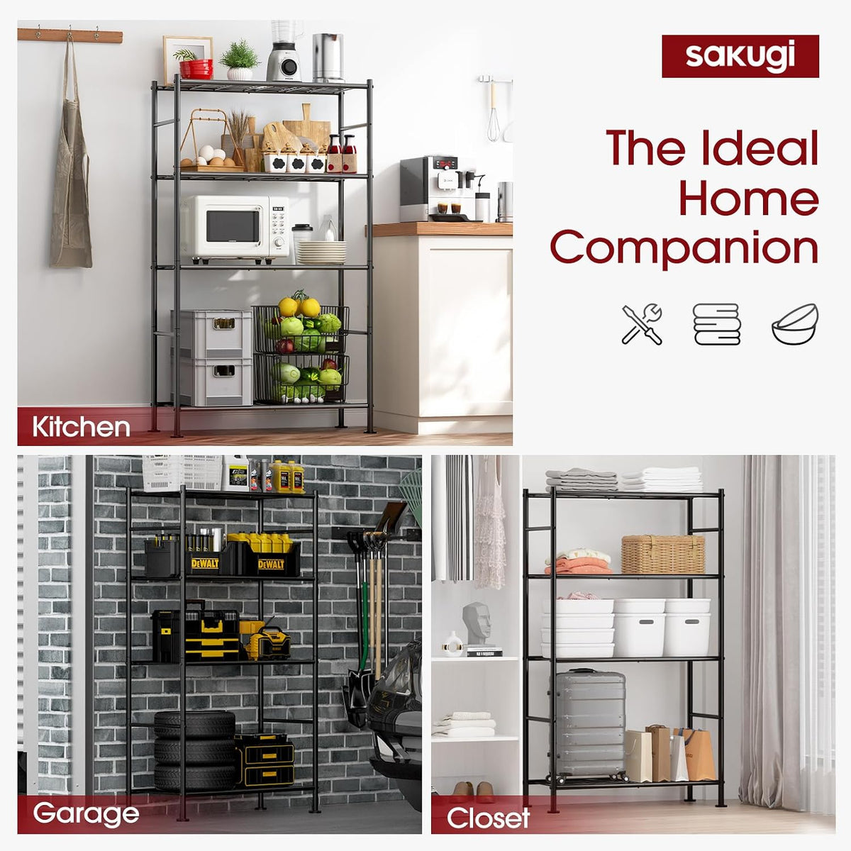 Storage Shelves - 5 Tier Shelf Organizer, Heavy Duty Garage Shelving Unit with Leveling Feet, Stable Metal Shelves Organizer for Pantry, Kitchen and Closet, 33.0" W x 12.6" D x 72.0" H, Black