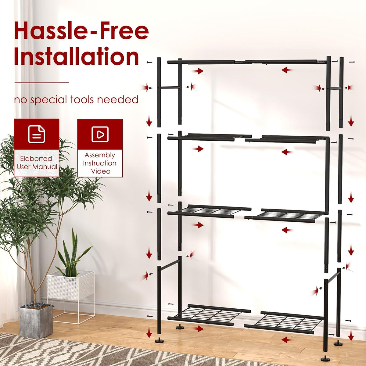 Storage Shelves - 5 Tier Shelf Organizer, Heavy Duty Garage Shelving Unit with Leveling Feet, Stable Metal Shelves Organizer for Pantry, Kitchen and Closet, 33.0" W x 12.6" D x 72.0" H, Black