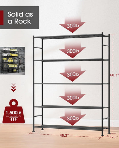 Storage Shelves - 5 Tier Shelf Organizer, Heavy Duty Garage Shelving Unit with Leveling Feet, Stable Metal Shelves Organizer for Pantry, Kitchen and Closet, 33.0" W x 12.6" D x 72.0" H, Black
