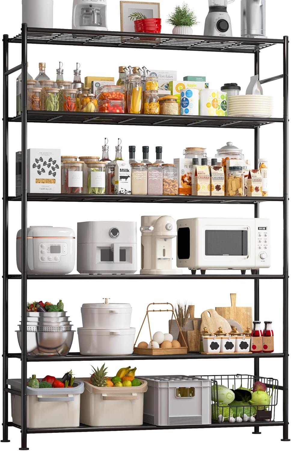 Storage Shelves - 5 Tier Shelf Organizer, Heavy Duty Garage Shelving Unit with Leveling Feet, Stable Metal Shelves Organizer for Pantry, Kitchen and Closet, 33.0" W x 12.6" D x 72.0" H, Black