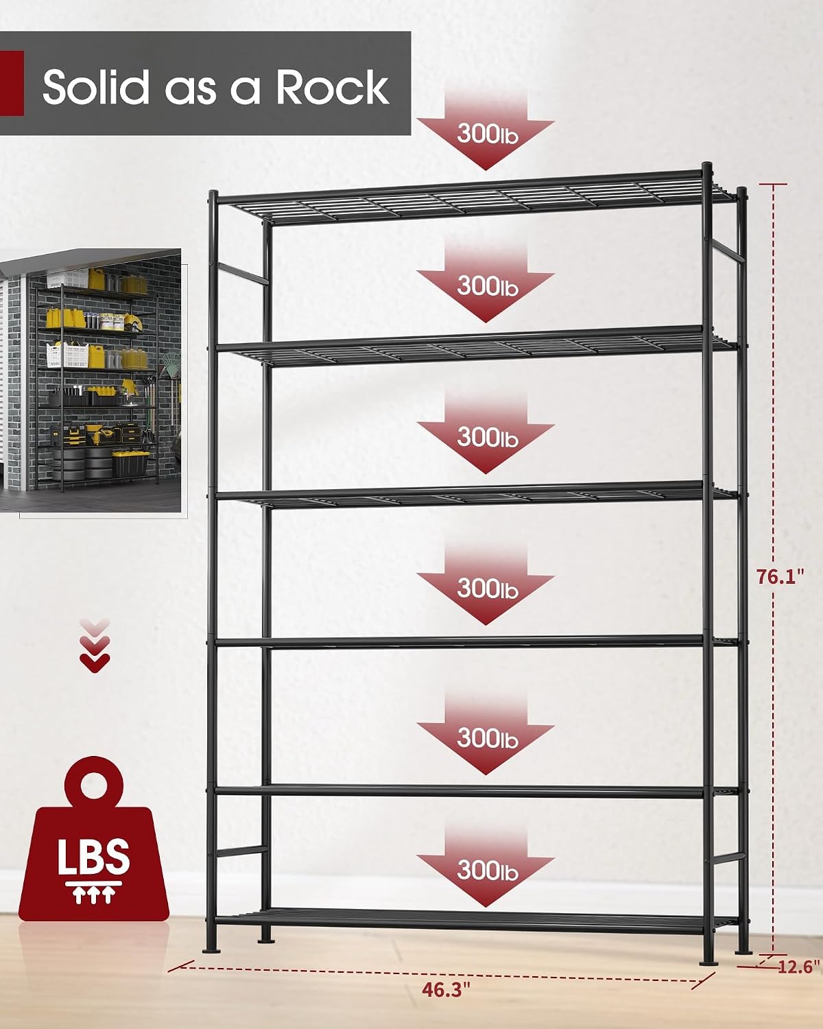 Storage Shelves - 5 Tier Shelf Organizer, Heavy Duty Garage Shelving Unit with Leveling Feet, Stable Metal Shelves Organizer for Pantry, Kitchen and Closet, 33.0" W x 12.6" D x 72.0" H, Black