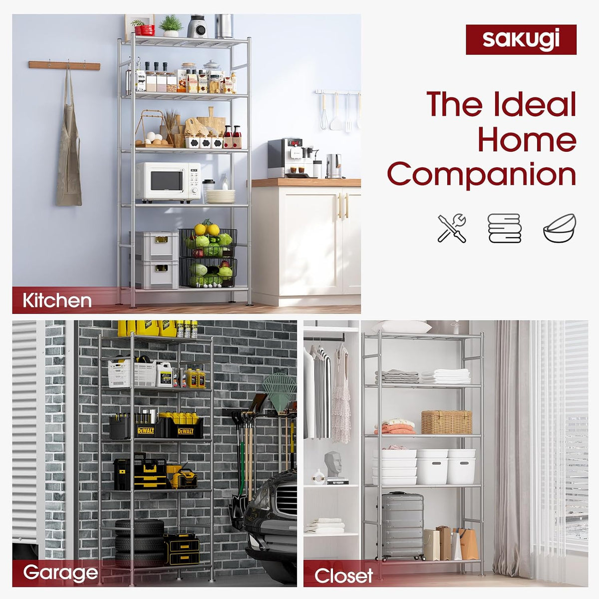 Storage Shelves - 5 Tier Shelf Organizer, Heavy Duty Garage Shelving Unit with Leveling Feet, Stable Metal Shelves Organizer for Pantry, Kitchen and Closet, 33.0" W x 12.6" D x 72.0" H, Black