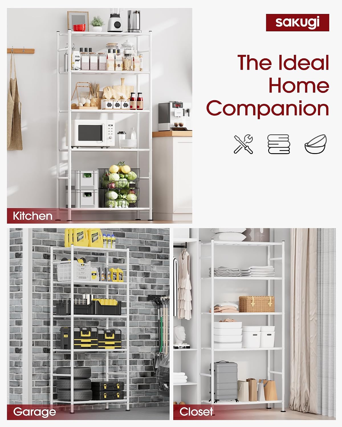Storage Shelves - 5 Tier Shelf Organizer, Heavy Duty Garage Shelving Unit with Leveling Feet, Stable Metal Shelves Organizer for Pantry, Kitchen and Closet, 33.0" W x 12.6" D x 72.0" H, Black