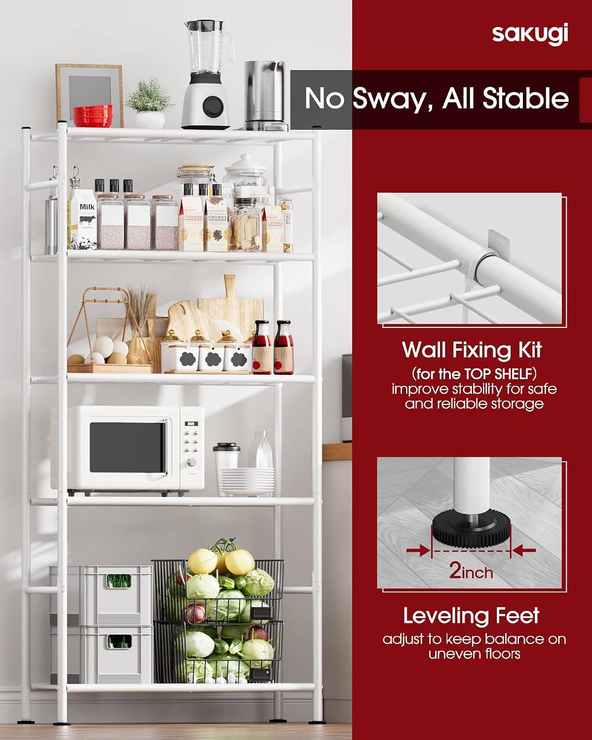 Storage Shelves - 5 Tier Shelf Organizer, Heavy Duty Garage Shelving Unit with Leveling Feet, Stable Metal Shelves Organizer for Pantry, Kitchen and Closet, 33.0" W x 12.6" D x 72.0" H, Black