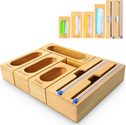 Reclosable Poly Bag Organizer for Kitchen Drawer, 5-Slot | Bamboo, 5 Independent Boxes, Slide Cutter, Magnetic Lid, Space-Saving Drawer Organizer