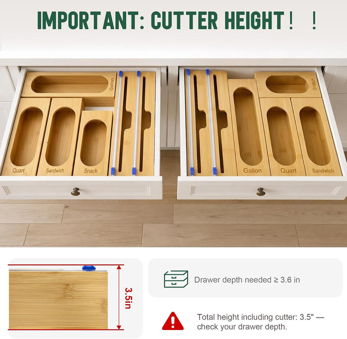 Reclosable Poly Bag Organizer for Kitchen Drawer, 5-Slot | Bamboo, 5 Independent Boxes, Slide Cutter, Magnetic Lid, Space-Saving Drawer Organizer
