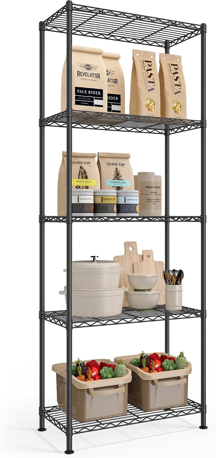 SONGMICS 5-Tier Storage Shelves, Adjustable Wire Shelving Unit, 8 Hooks