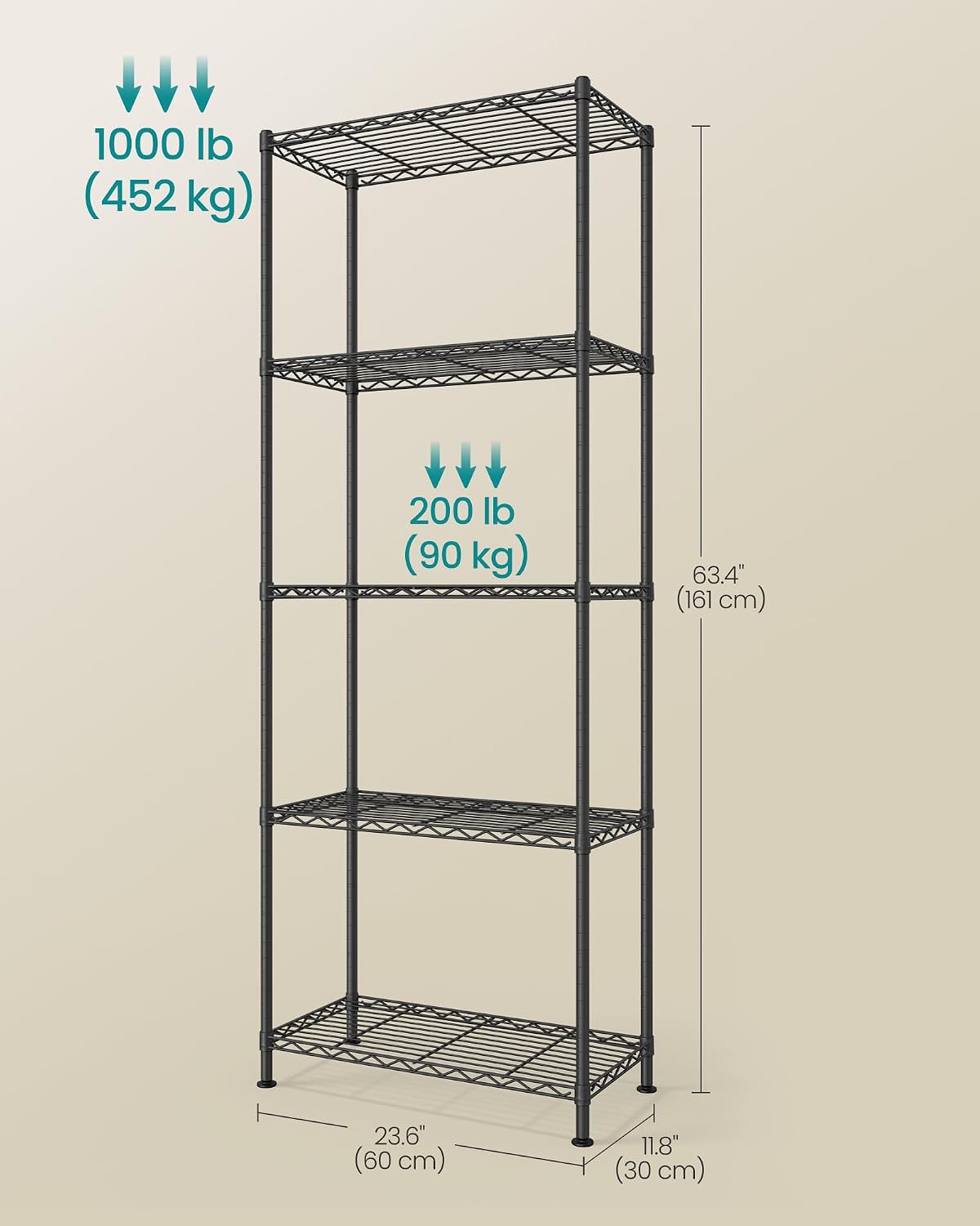 SONGMICS 5-Tier Storage Shelves, Adjustable Wire Shelving Unit, 8 Hooks