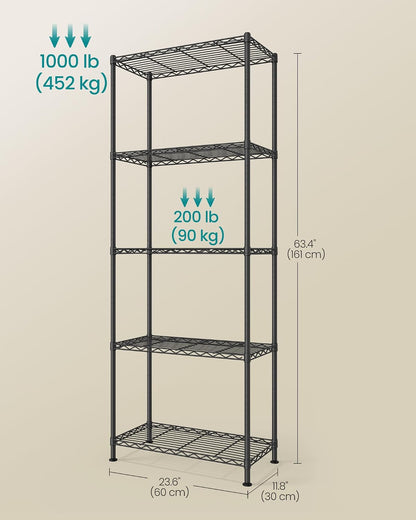 SONGMICS 5-Tier Storage Shelves, Adjustable Wire Shelving Unit, 8 Hooks