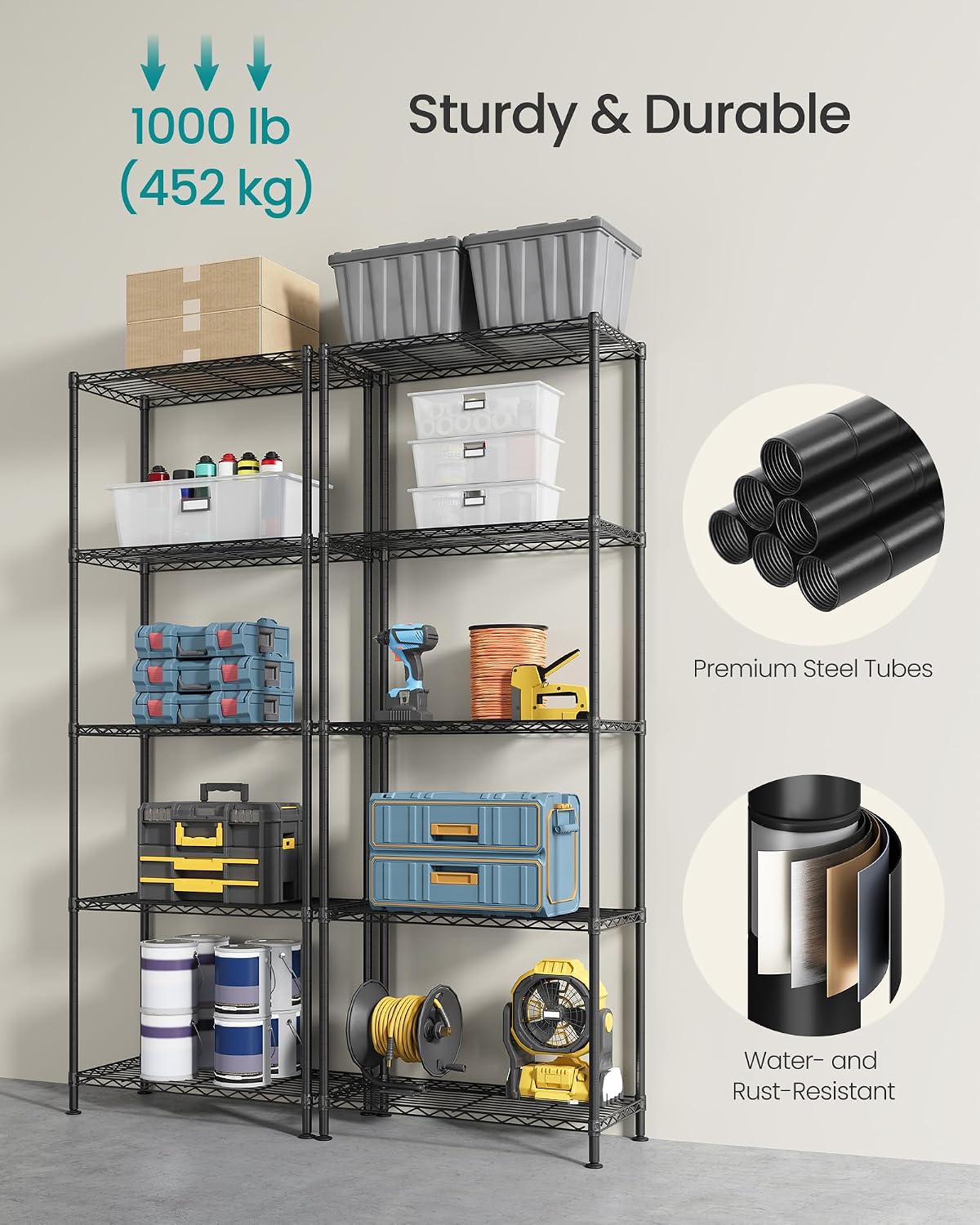 SONGMICS 5-Tier Storage Shelves, Adjustable Wire Shelving Unit, 8 Hooks