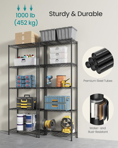SONGMICS 5-Tier Storage Shelves, Adjustable Wire Shelving Unit, 8 Hooks