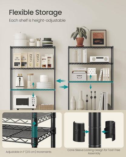 SONGMICS 5-Tier Storage Shelves, Adjustable Wire Shelving Unit, 8 Hooks