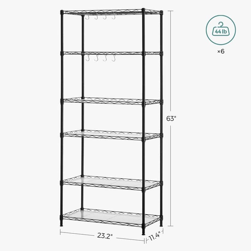 SONGMICS 5-Tier Storage Shelves, Adjustable Wire Shelving Unit, 8 Hooks
