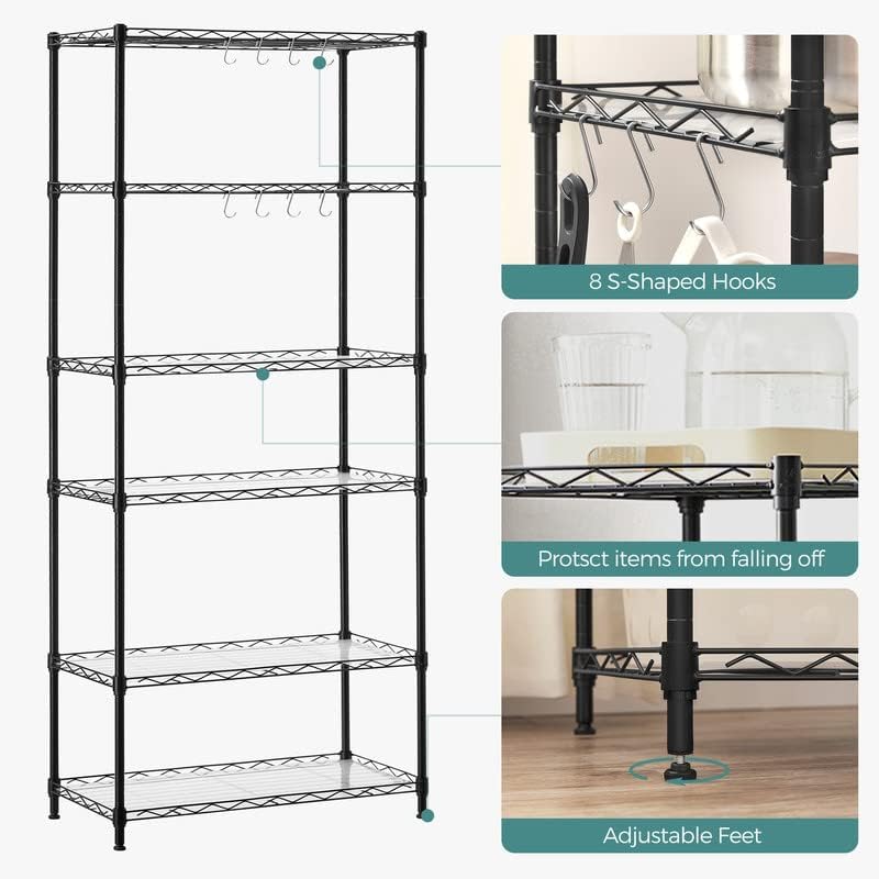 SONGMICS 5-Tier Storage Shelves, Adjustable Wire Shelving Unit, 8 Hooks