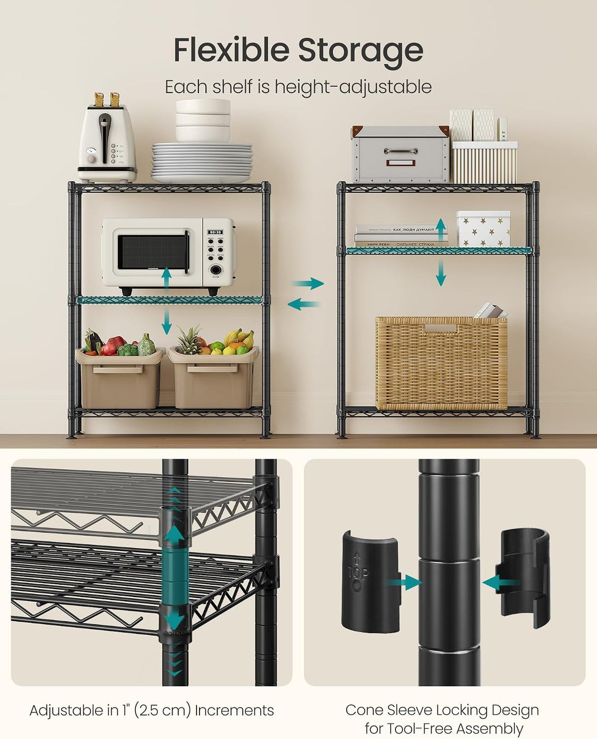 SONGMICS 5-Tier Storage Shelves, Adjustable Wire Shelving Unit, 8 Hooks
