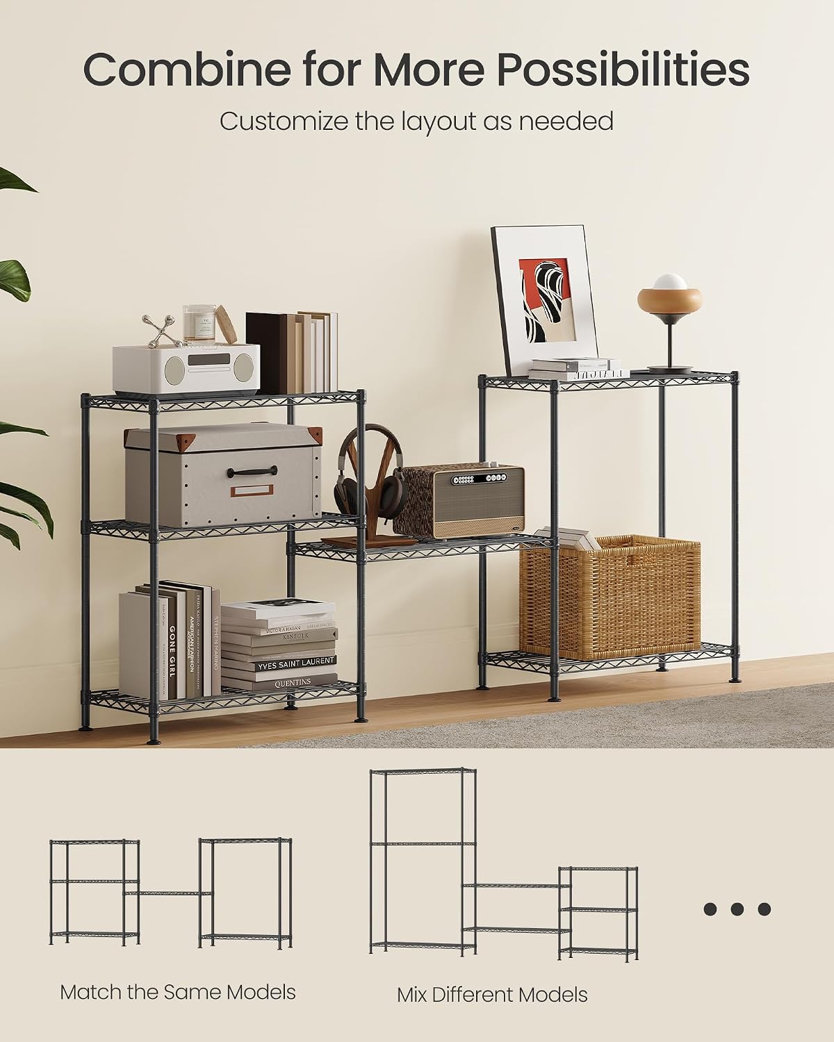 SONGMICS 5-Tier Storage Shelves, Adjustable Wire Shelving Unit, 8 Hooks