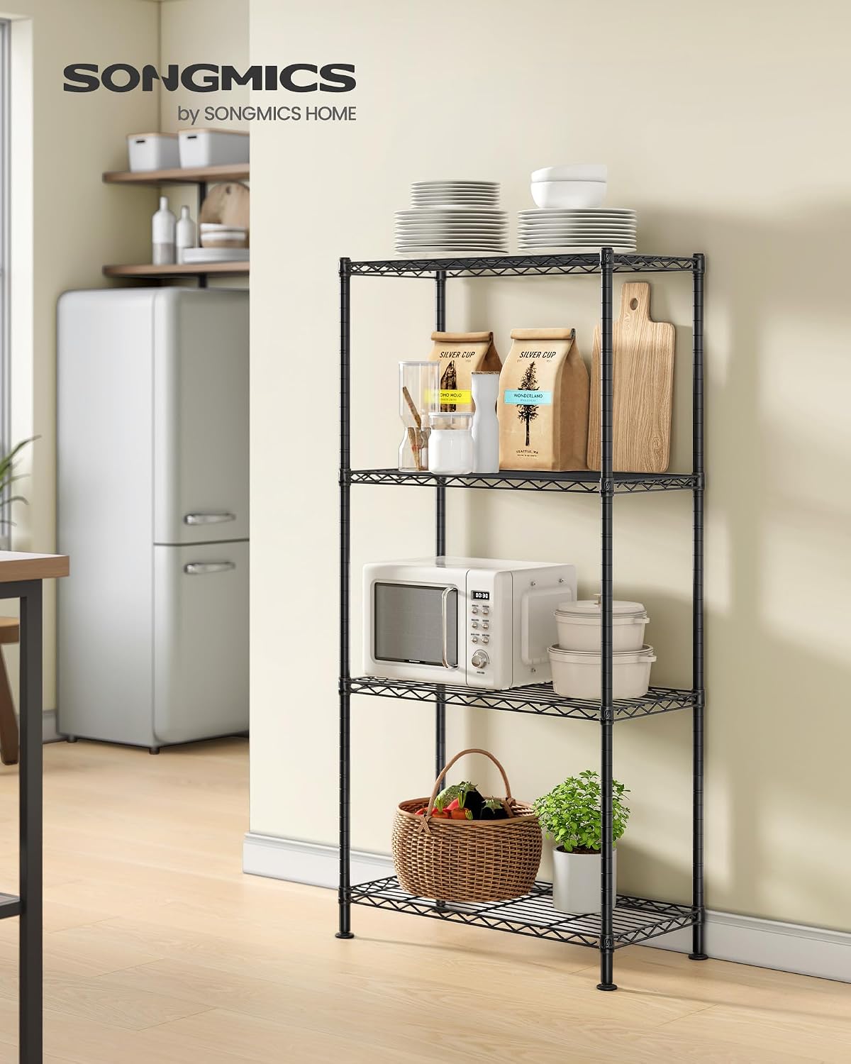 SONGMICS 5-Tier Storage Shelves, Adjustable Wire Shelving Unit, 8 Hooks