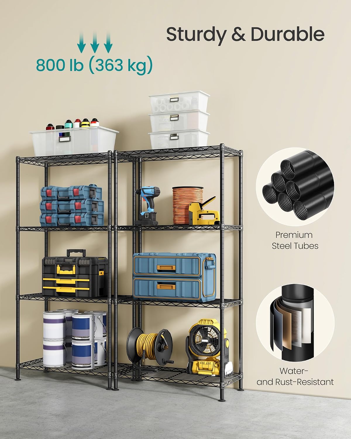SONGMICS 5-Tier Storage Shelves, Adjustable Wire Shelving Unit, 8 Hooks