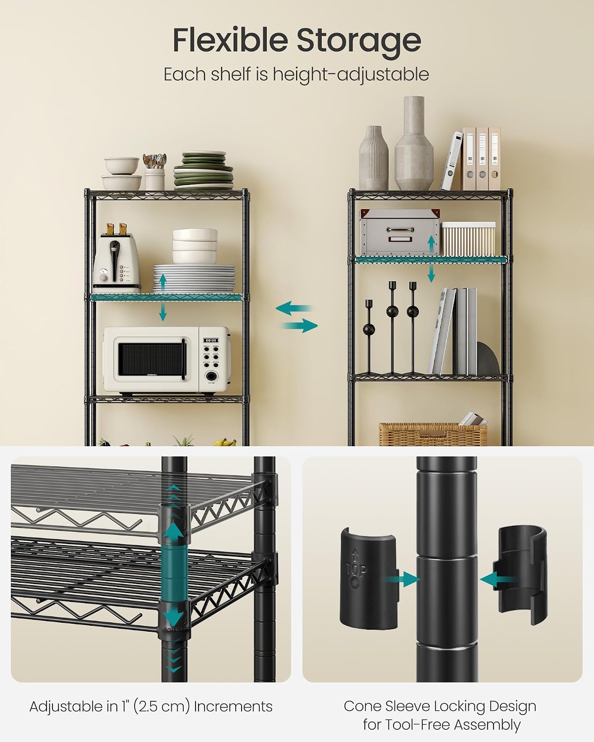 SONGMICS 5-Tier Storage Shelves, Adjustable Wire Shelving Unit, 8 Hooks