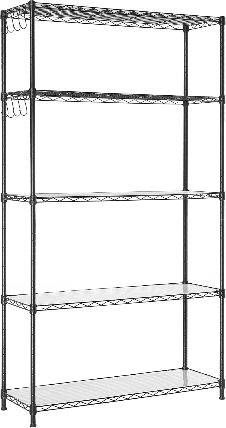 SONGMICS 5-Tier Storage Shelves, Adjustable Wire Shelving Unit, 8 Hooks