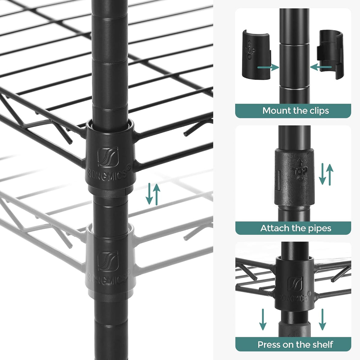 SONGMICS 5-Tier Storage Shelves, Adjustable Wire Shelving Unit, 8 Hooks
