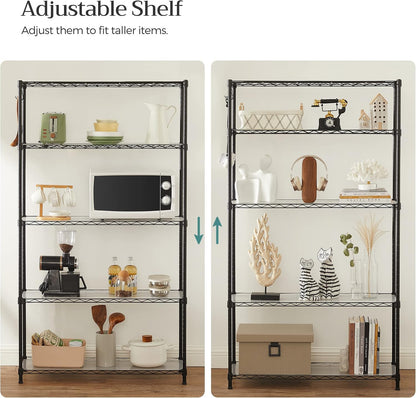 SONGMICS 5-Tier Storage Shelves, Adjustable Wire Shelving Unit, 8 Hooks