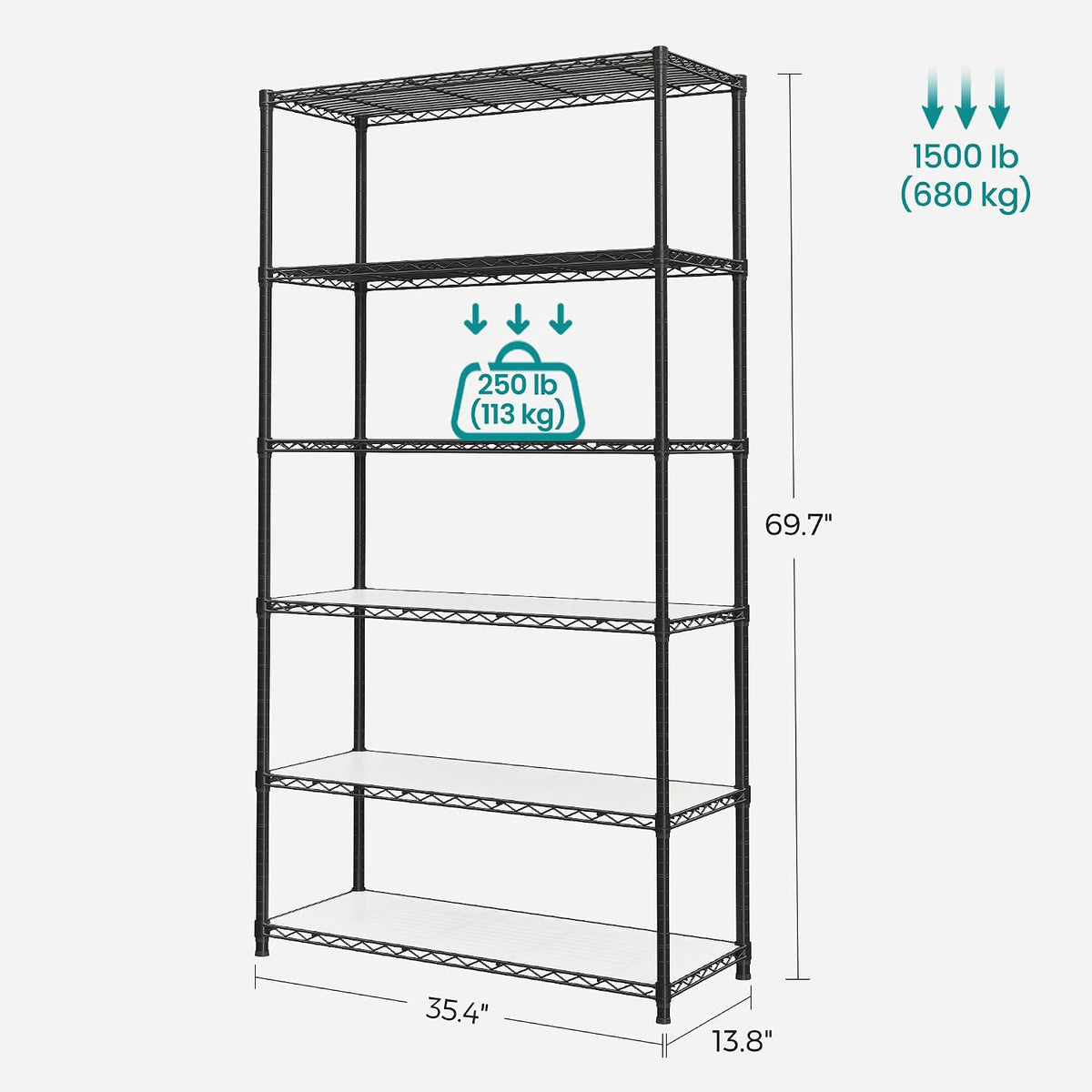 SONGMICS 5-Tier Storage Shelves, Adjustable Wire Shelving Unit, 8 Hooks