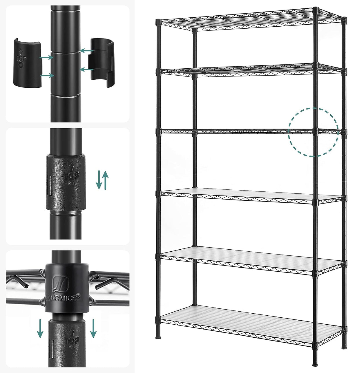 SONGMICS 5-Tier Storage Shelves, Adjustable Wire Shelving Unit, 8 Hooks