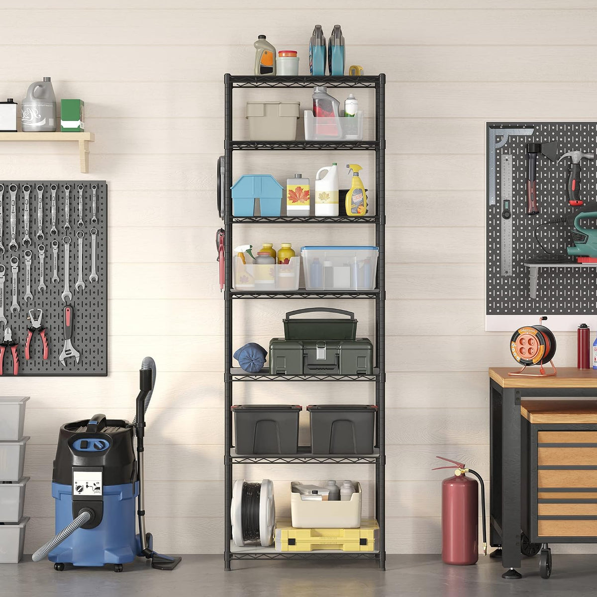 SONGMICS 5-Tier Storage Shelves, Adjustable Wire Shelving Unit, 8 Hooks