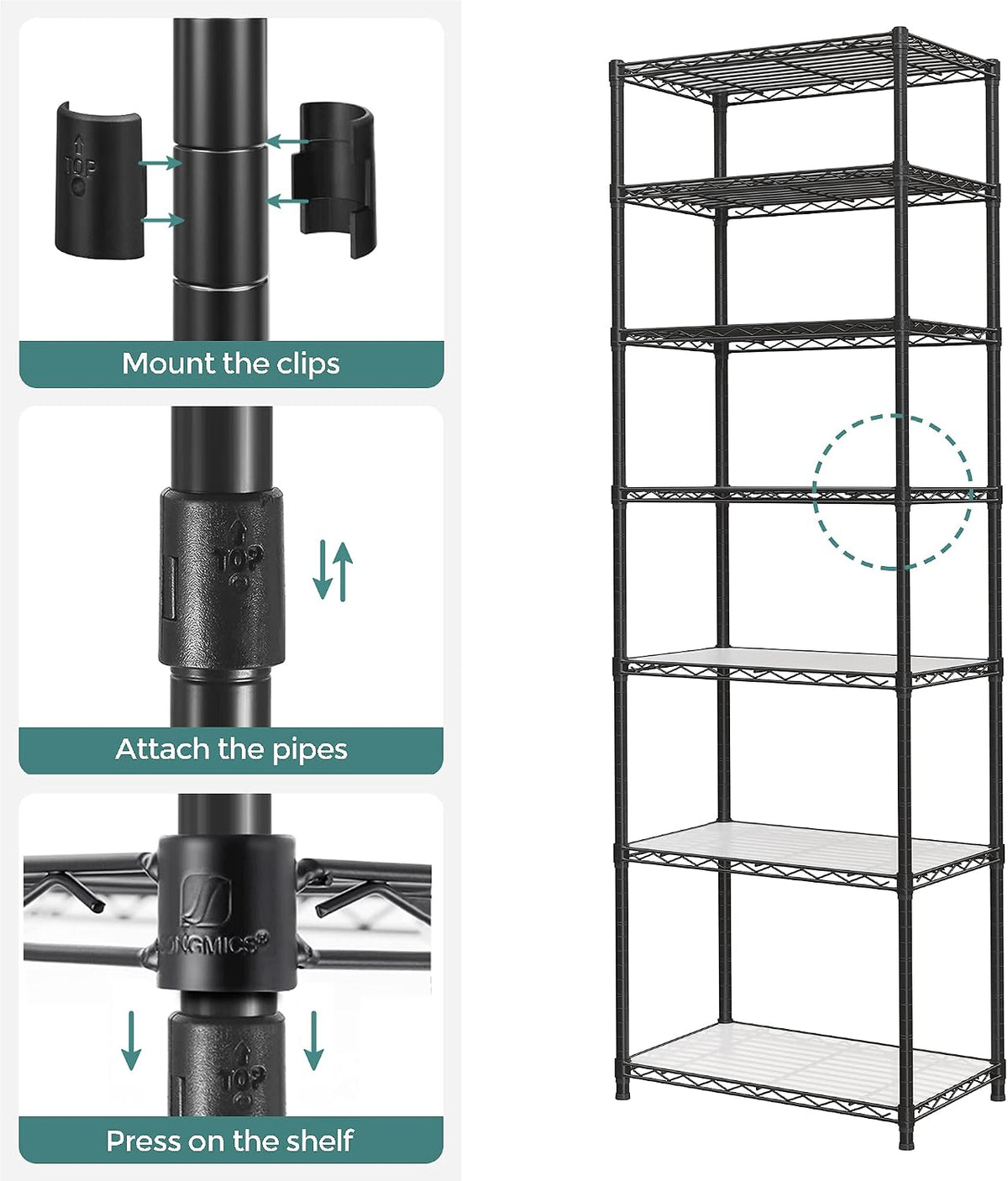 SONGMICS 5-Tier Storage Shelves, Adjustable Wire Shelving Unit, 8 Hooks