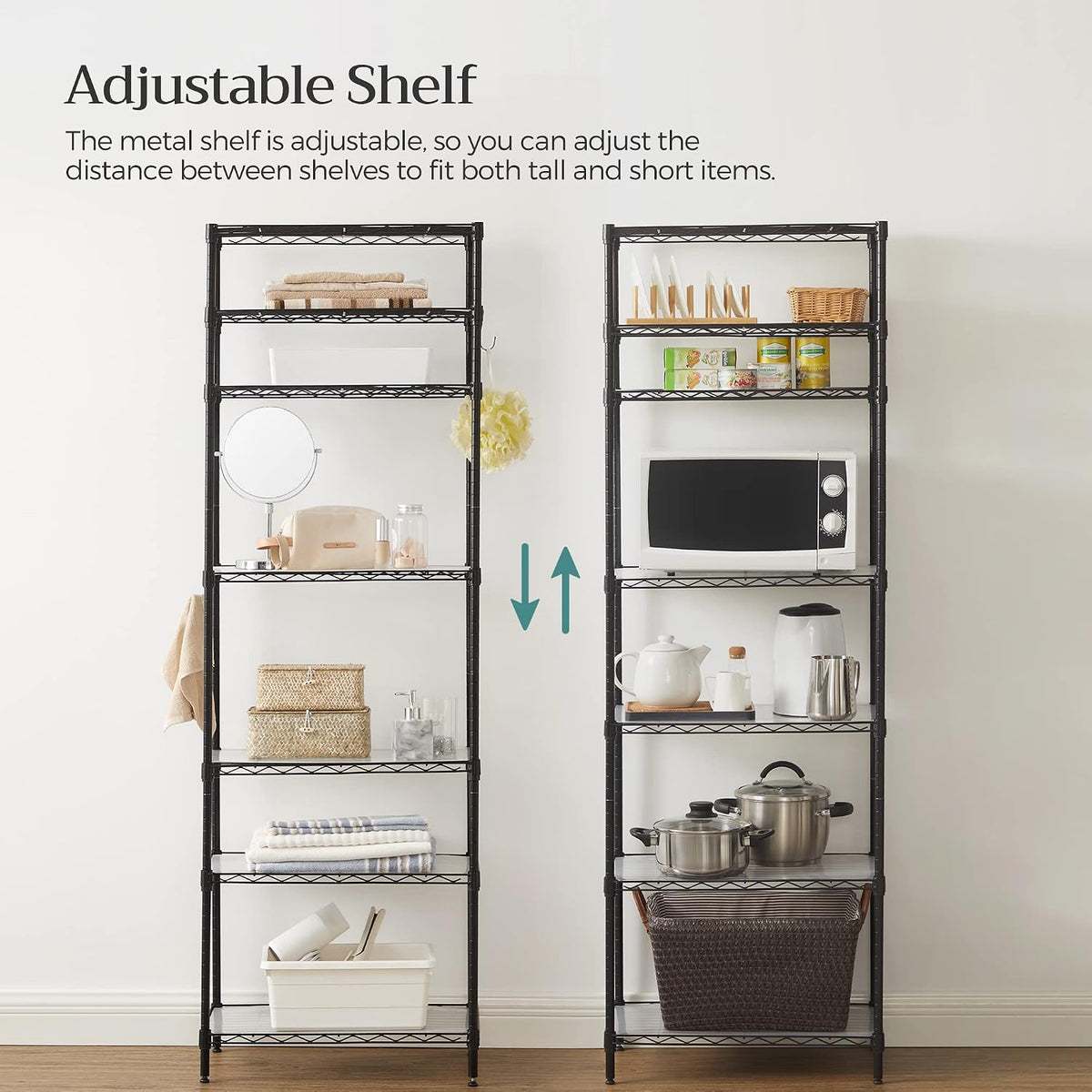 SONGMICS 5-Tier Storage Shelves, Adjustable Wire Shelving Unit, 8 Hooks
