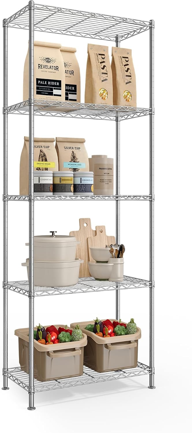 SONGMICS 5-Tier Storage Shelves, Adjustable Wire Shelving Unit, 8 Hooks