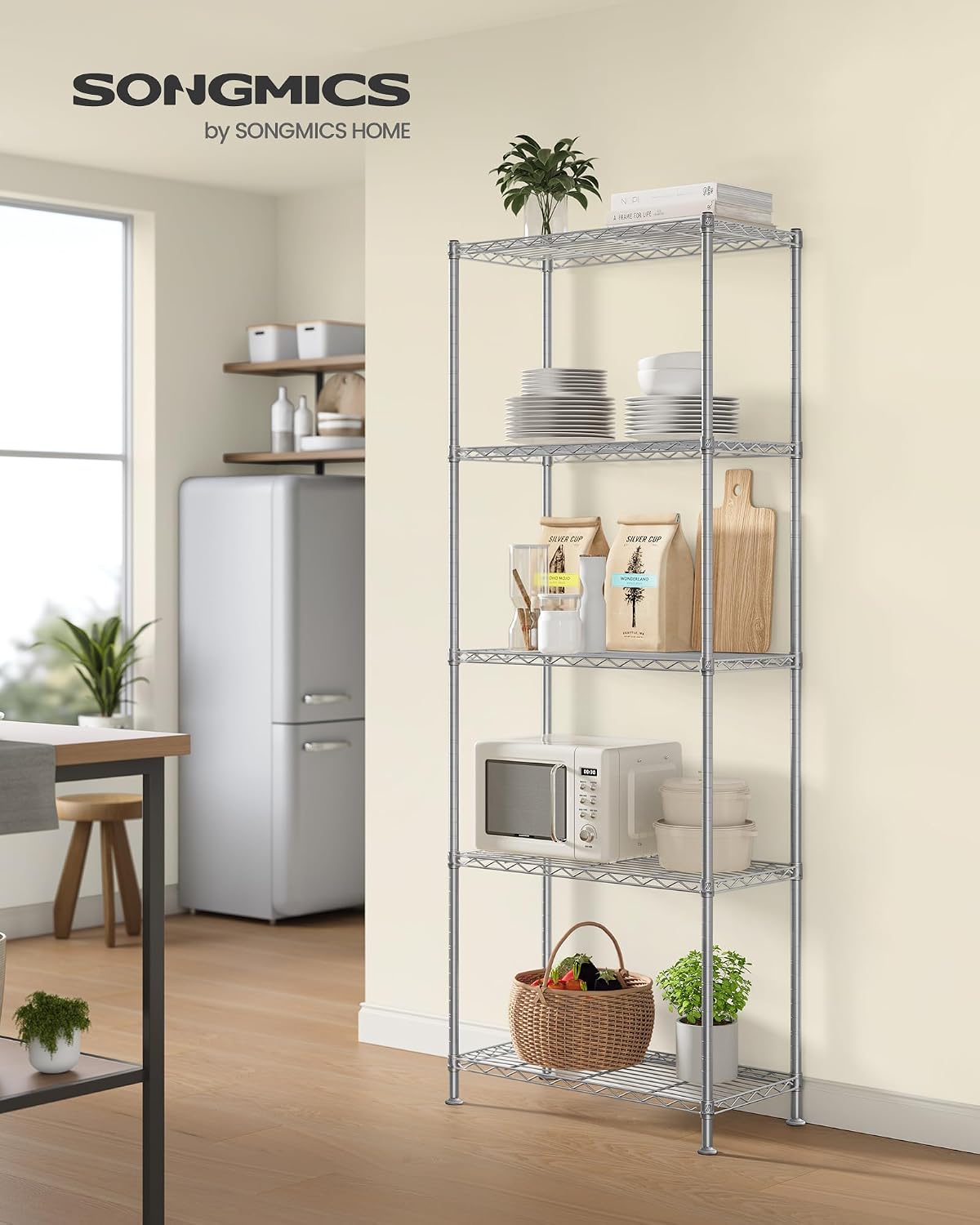 SONGMICS 5-Tier Storage Shelves, Adjustable Wire Shelving Unit, 8 Hooks