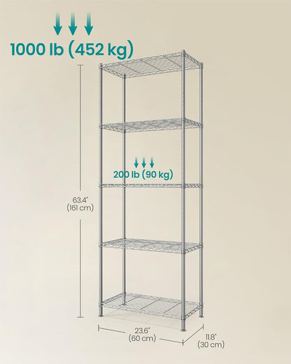 SONGMICS 5-Tier Storage Shelves, Adjustable Wire Shelving Unit, 8 Hooks