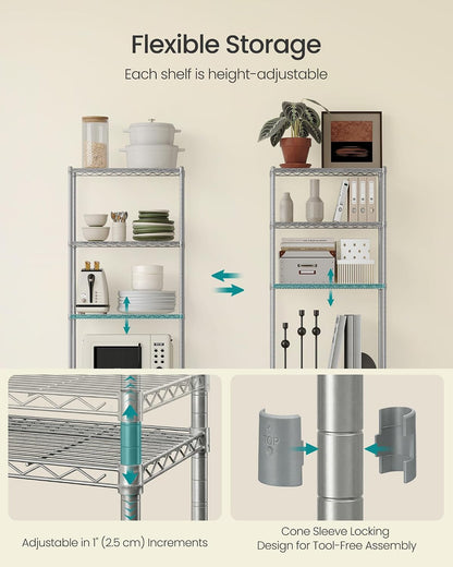 SONGMICS 5-Tier Storage Shelves, Adjustable Wire Shelving Unit, 8 Hooks