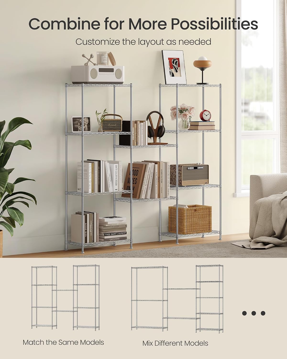 SONGMICS 5-Tier Storage Shelves, Adjustable Wire Shelving Unit, 8 Hooks