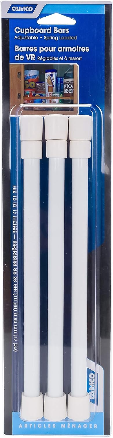 17" RV Refrigerator Bar - Holds Food and Drinks in Place During Travel and Helps Stop Messy Spills - Spring Loaded and Extends 10-inches to 17-inches - 3 Pack -White (44063)