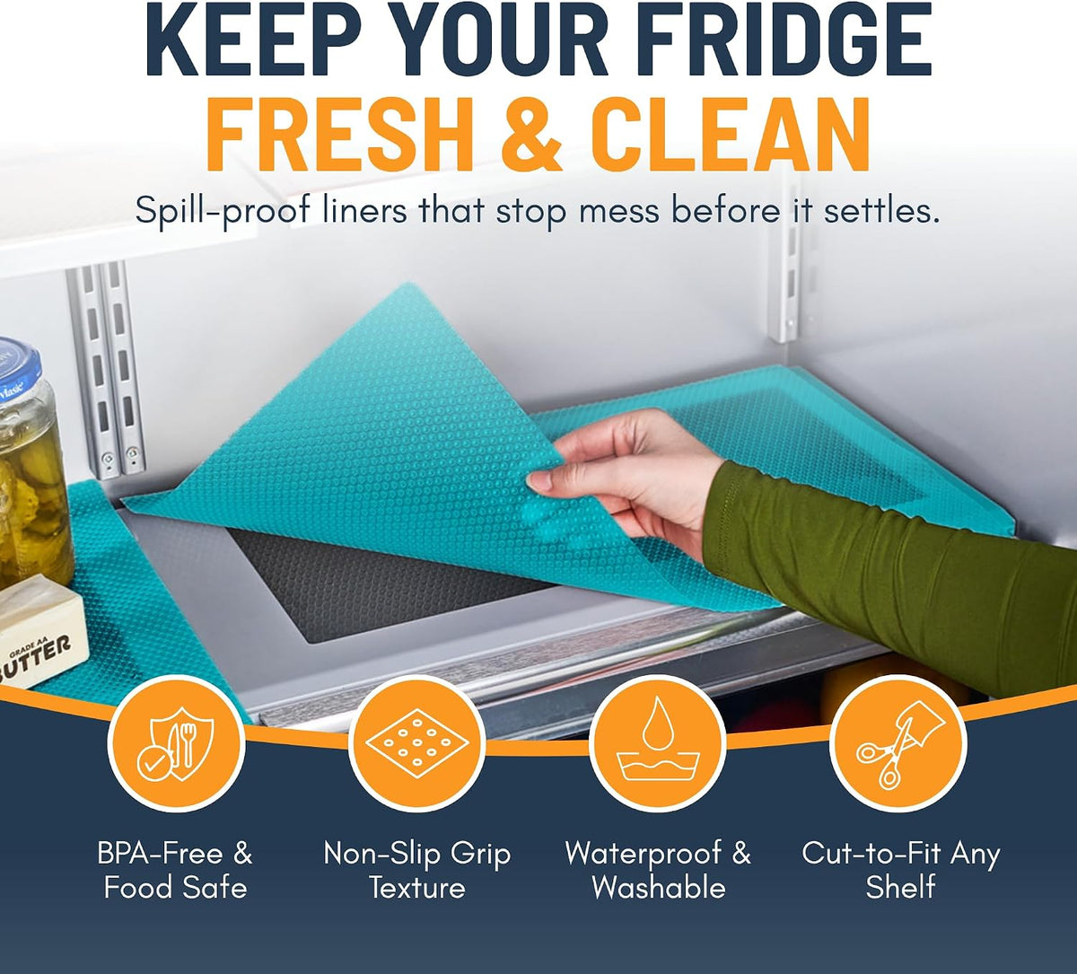 Refrigerator Liners for Shelves (8 Pack) by Linda’s Essentials - Non-Adhesive Drawer and Shelf Liner, BPA-Free Fridge Mats for Kitchen & Cabinets, Easy to Clean, Ideal Household Essentials (Clear)