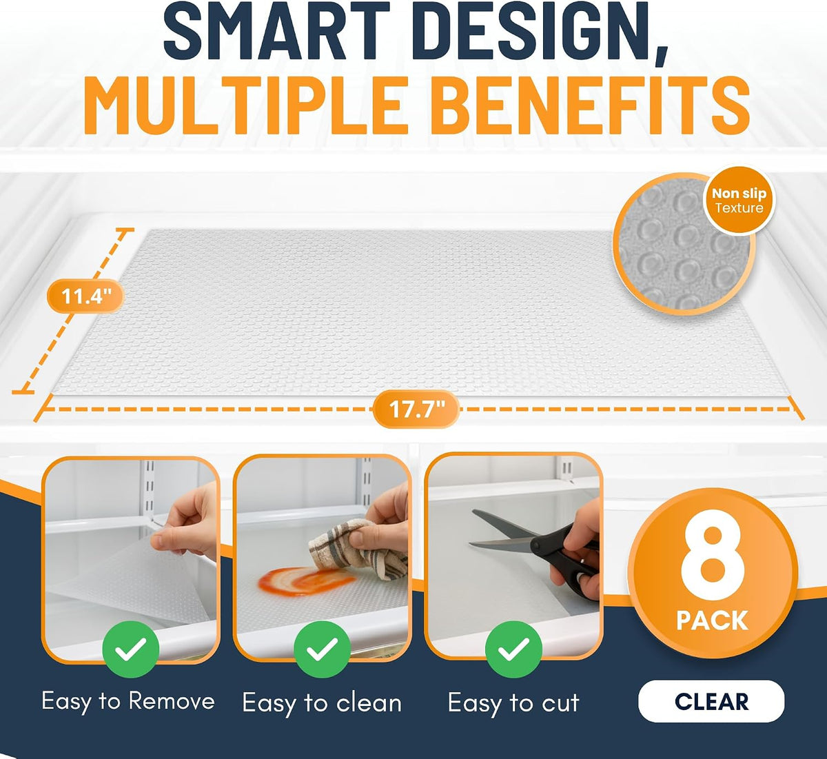 Refrigerator Liners for Shelves (8 Pack) by Linda’s Essentials - Non-Adhesive Drawer and Shelf Liner, BPA-Free Fridge Mats for Kitchen & Cabinets, Easy to Clean, Ideal Household Essentials (Clear)