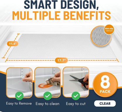 Refrigerator Liners for Shelves (8 Pack) by Linda’s Essentials - Non-Adhesive Drawer and Shelf Liner, BPA-Free Fridge Mats for Kitchen & Cabinets, Easy to Clean, Ideal Household Essentials (Clear)