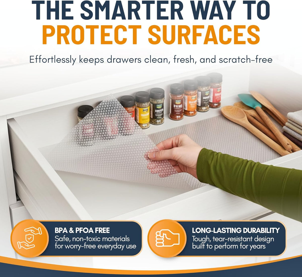 Refrigerator Liners for Shelves (8 Pack) by Linda’s Essentials - Non-Adhesive Drawer and Shelf Liner, BPA-Free Fridge Mats for Kitchen & Cabinets, Easy to Clean, Ideal Household Essentials (Clear)