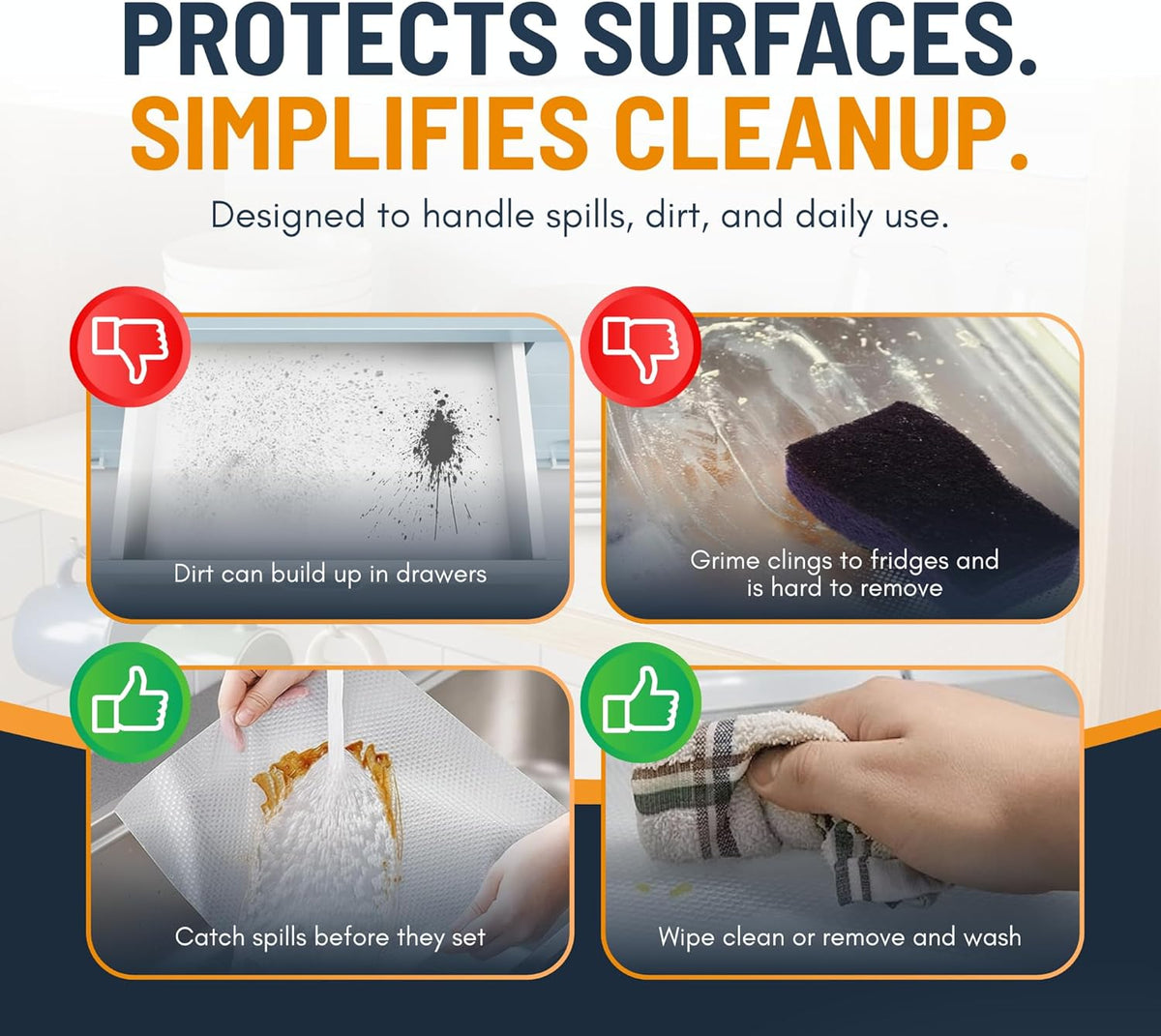 Refrigerator Liners for Shelves (8 Pack) by Linda’s Essentials - Non-Adhesive Drawer and Shelf Liner, BPA-Free Fridge Mats for Kitchen & Cabinets, Easy to Clean, Ideal Household Essentials (Clear)
