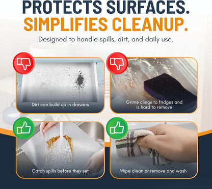Refrigerator Liners for Shelves (8 Pack) by Linda’s Essentials - Non-Adhesive Drawer and Shelf Liner, BPA-Free Fridge Mats for Kitchen & Cabinets, Easy to Clean, Ideal Household Essentials (Clear)