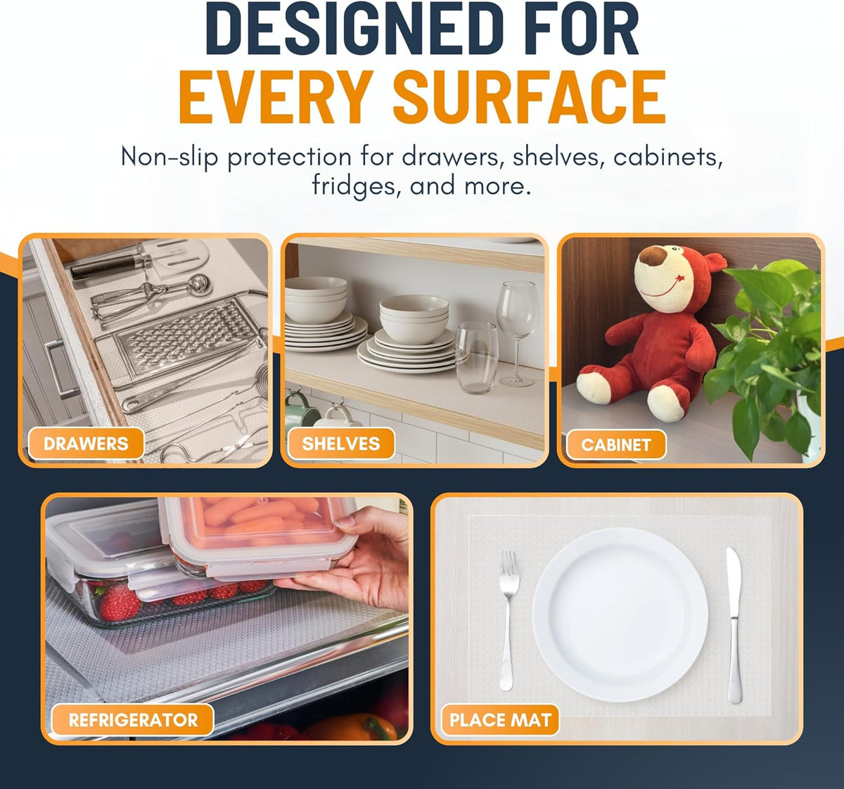 Refrigerator Liners for Shelves (8 Pack) by Linda’s Essentials - Non-Adhesive Drawer and Shelf Liner, BPA-Free Fridge Mats for Kitchen & Cabinets, Easy to Clean, Ideal Household Essentials (Clear)