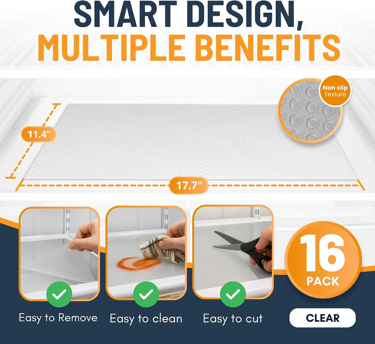 Refrigerator Liners for Shelves (8 Pack) by Linda’s Essentials - Non-Adhesive Drawer and Shelf Liner, BPA-Free Fridge Mats for Kitchen & Cabinets, Easy to Clean, Ideal Household Essentials (Clear)