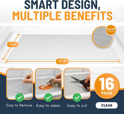 Refrigerator Liners for Shelves (8 Pack) by Linda’s Essentials - Non-Adhesive Drawer and Shelf Liner, BPA-Free Fridge Mats for Kitchen & Cabinets, Easy to Clean, Ideal Household Essentials (Clear)