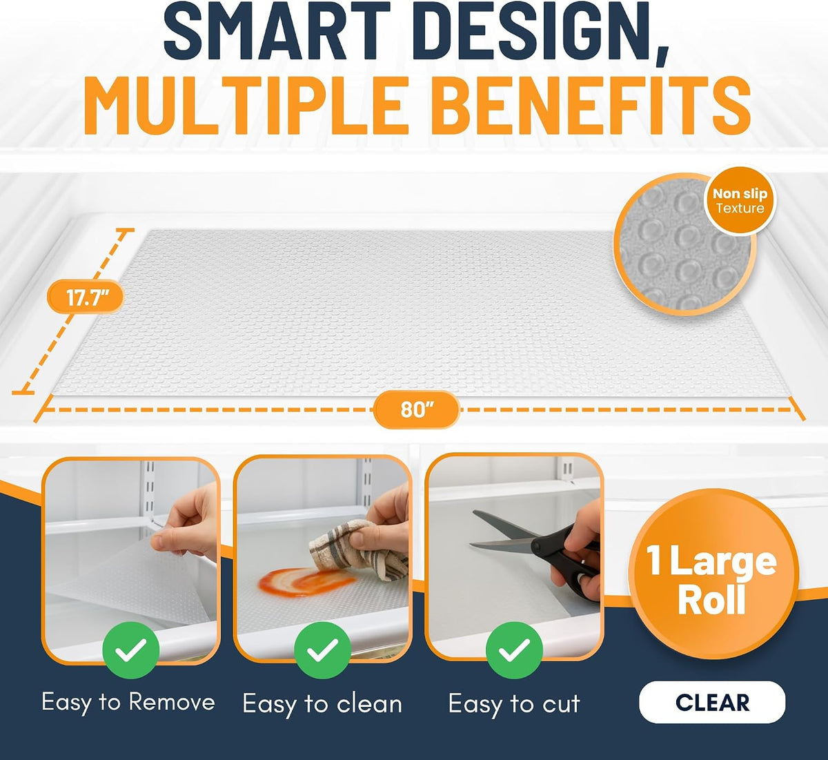 Refrigerator Liners for Shelves (8 Pack) by Linda’s Essentials - Non-Adhesive Drawer and Shelf Liner, BPA-Free Fridge Mats for Kitchen & Cabinets, Easy to Clean, Ideal Household Essentials (Clear)