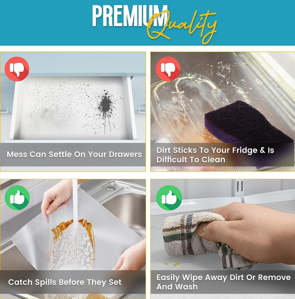 Refrigerator Liners for Shelves (8 Pack) by Linda’s Essentials - Non-Adhesive Drawer and Shelf Liner, BPA-Free Fridge Mats for Kitchen & Cabinets, Easy to Clean, Ideal Household Essentials (Clear)